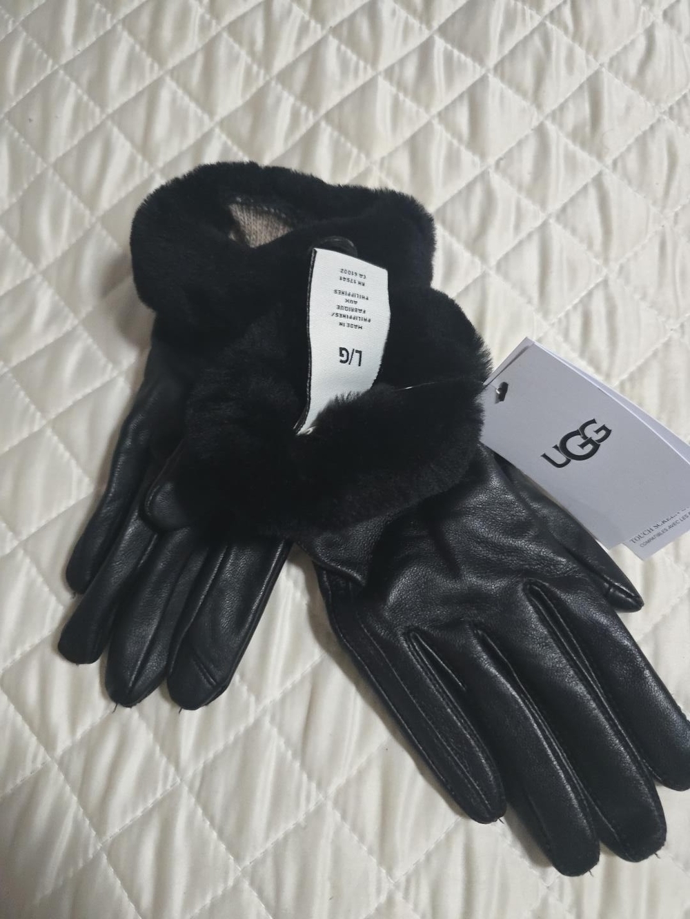 UGG Black Leather Gloves with Plush Fur Cuff
